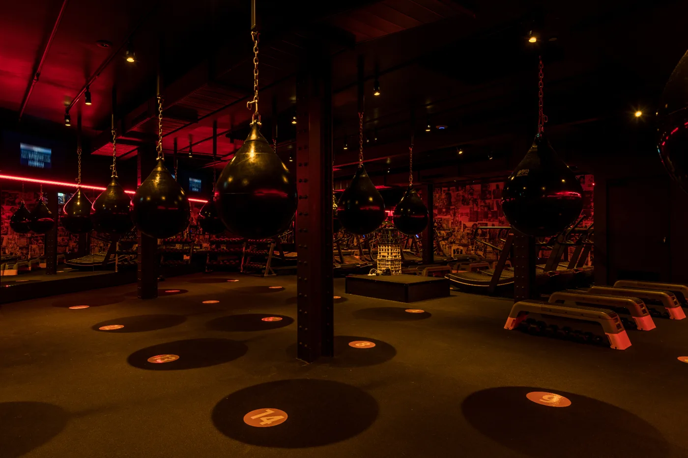 The Bondi Junction boxing studio with rows of heavy bags under orange lighting